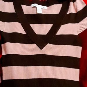 A large rose pink and brown stripped shirt! Brand: love by design